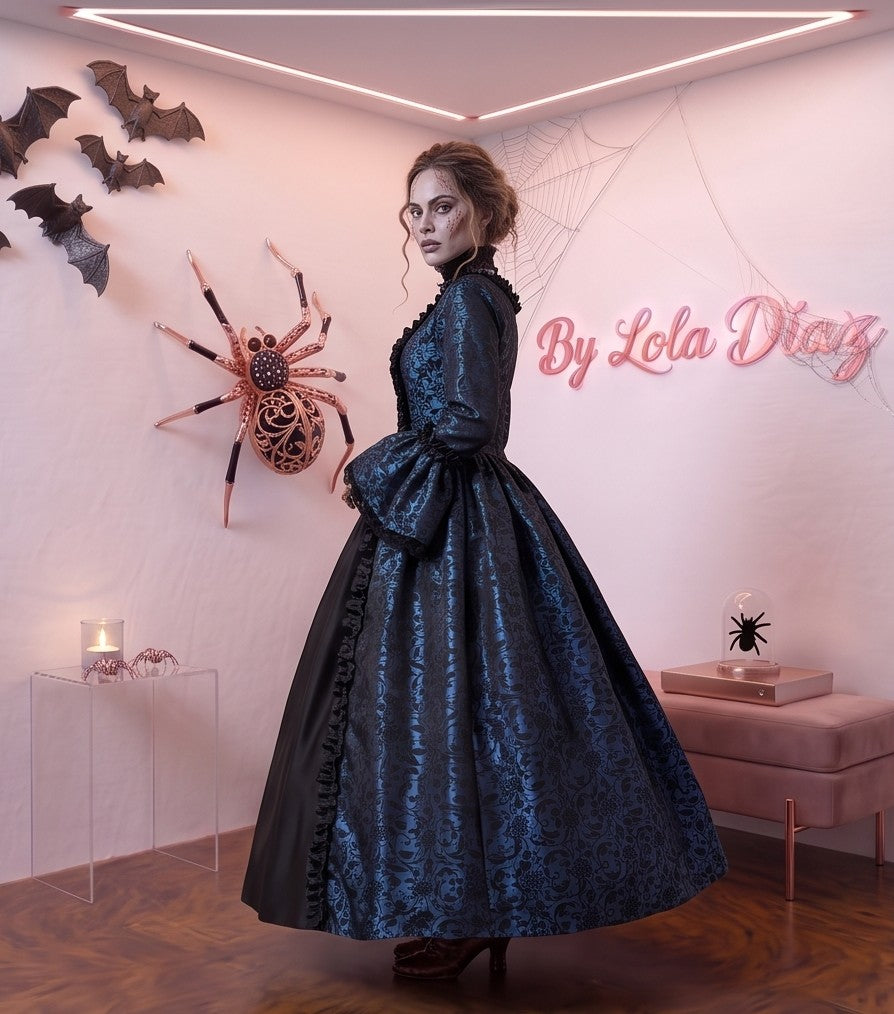Vestido de época victoriana y corte medieval para mujer en tejido de damasco satinado con estampado floral barroco y panel frontal liso en contraste; presenta escote cuadrado ribeteado con encaje fruncido, mangas largas acampanadas estilo campana, corpiño ajustable tipo corsé en la espalda con lazada y gargantilla a juego. Disponible en cinco variantes de color combinadas con negro: verde esmeralda, morado berenjena, rojo granate, azul petróleo y blanco plateado.