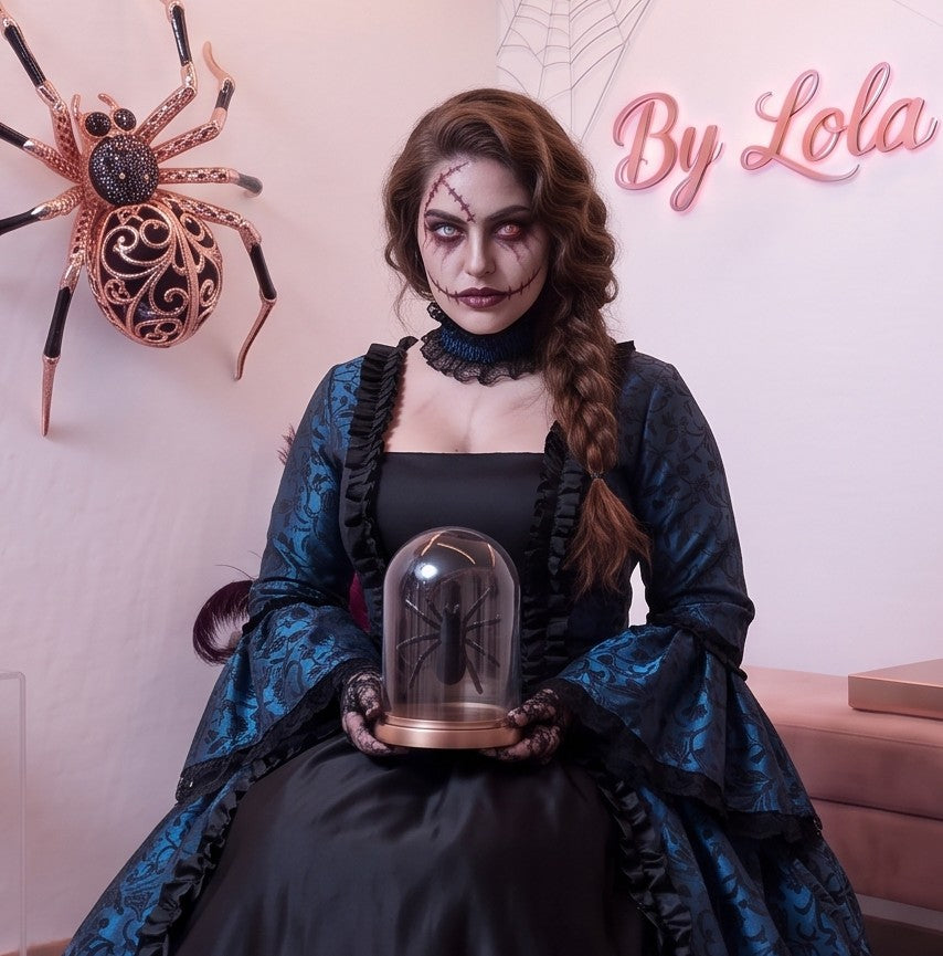 Vestido de época victoriana y corte medieval para mujer en tejido de damasco satinado con estampado floral barroco y panel frontal liso en contraste; presenta escote cuadrado ribeteado con encaje fruncido, mangas largas acampanadas estilo campana, corpiño ajustable tipo corsé en la espalda con lazada y gargantilla a juego. Disponible en cinco variantes de color combinadas con negro: verde esmeralda, morado berenjena, rojo granate, azul petróleo y blanco plateado.