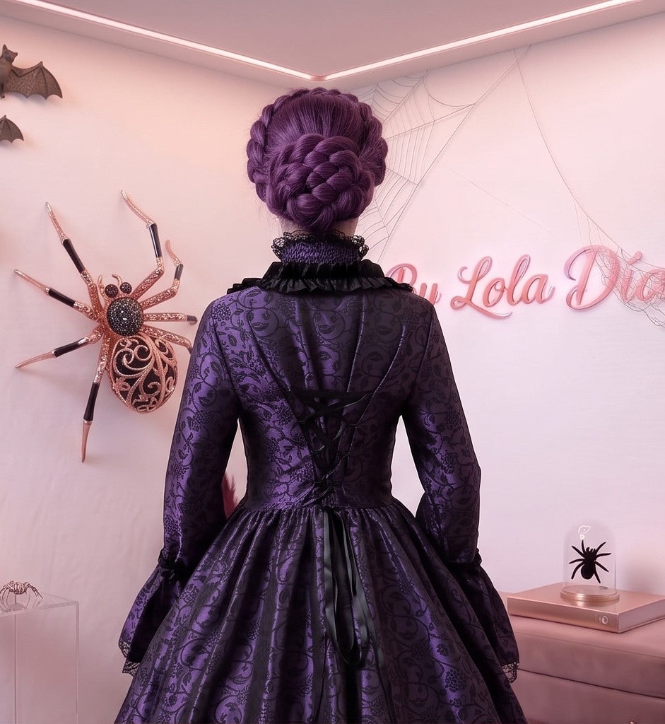 Vestido de época victoriana y corte medieval para mujer en tejido de damasco satinado con estampado floral barroco y panel frontal liso en contraste; presenta escote cuadrado ribeteado con encaje fruncido, mangas largas acampanadas estilo campana, corpiño ajustable tipo corsé en la espalda con lazada y gargantilla a juego. Disponible en cinco variantes de color combinadas con negro: verde esmeralda, morado berenjena, rojo granate, azul petróleo y blanco plateado.
