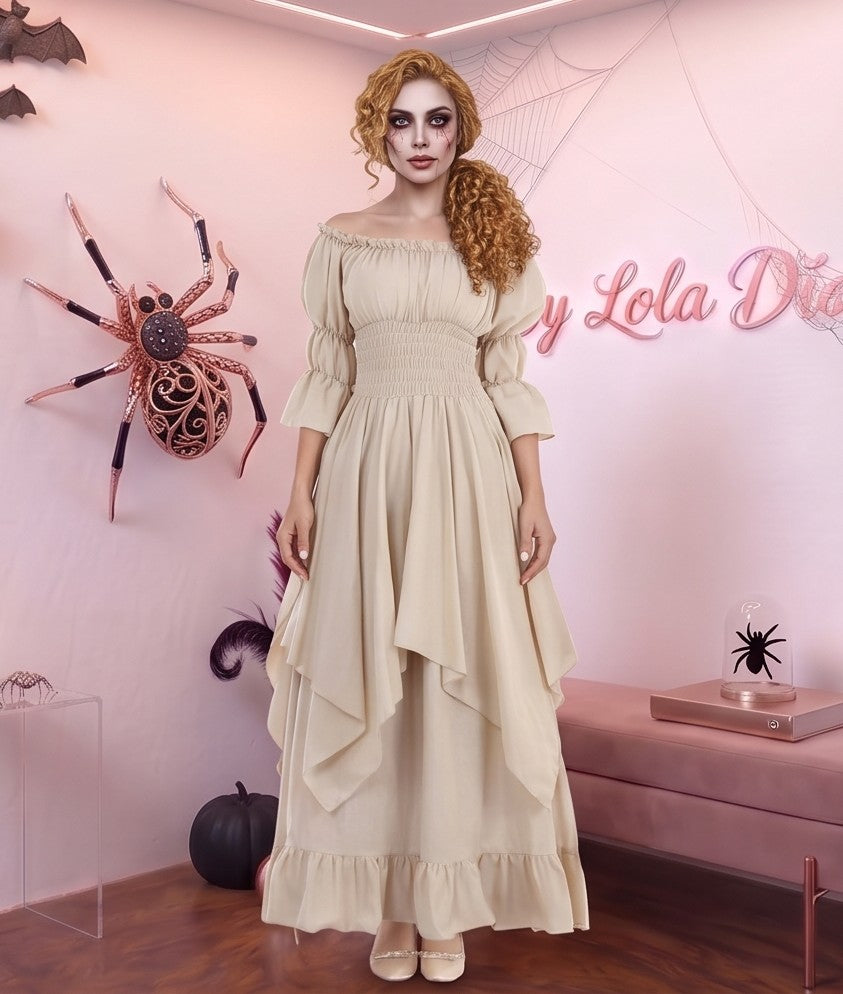 Vestido medieval renacentista largo estilo victoriano con escote elástico de hombros descubiertos, torso tipo nido de abeja ajustado, mangas acampanadas con volantes y falda escalonada con vuelo, disponible en 9 colores: negro, blanco, verde oliva, vino tinto burdeos, azul marino, azul rey, marrón chocolate, naranja calabaza y beige albaricoque.