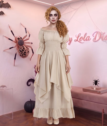 Vestido medieval renacentista largo estilo victoriano con escote elástico de hombros descubiertos, torso tipo nido de abeja ajustado, mangas acampanadas con volantes y falda escalonada con vuelo, disponible en 9 colores: negro, blanco, verde oliva, vino tinto burdeos, azul marino, azul rey, marrón chocolate, naranja calabaza y beige albaricoque.