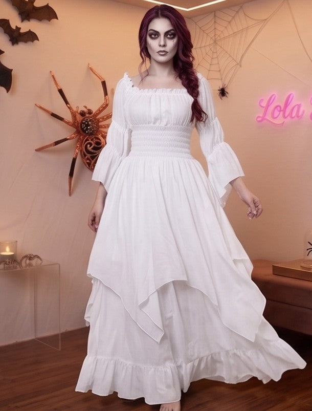 Vestido medieval renacentista largo estilo victoriano con escote elástico de hombros descubiertos, torso tipo nido de abeja ajustado, mangas acampanadas con volantes y falda escalonada con vuelo, disponible en 9 colores: negro, blanco, verde oliva, vino tinto burdeos, azul marino, azul rey, marrón chocolate, naranja calabaza y beige albaricoque.