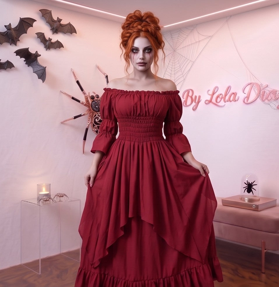 Vestido medieval renacentista largo estilo victoriano con escote elástico de hombros descubiertos, torso tipo nido de abeja ajustado, mangas acampanadas con volantes y falda escalonada con vuelo, disponible en 9 colores: negro, blanco, verde oliva, vino tinto burdeos, azul marino, azul rey, marrón chocolate, naranja calabaza y beige albaricoque.