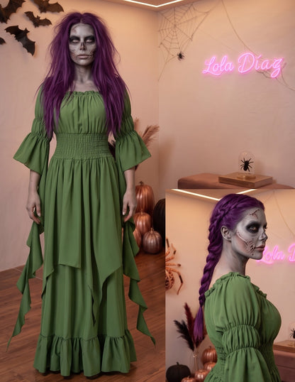 Vestido medieval renacentista largo estilo victoriano con escote elástico de hombros descubiertos, torso tipo nido de abeja ajustado, mangas acampanadas con volantes y falda escalonada con vuelo, disponible en 9 colores: negro, blanco, verde oliva, vino tinto burdeos, azul marino, azul rey, marrón chocolate, naranja calabaza y beige albaricoque.