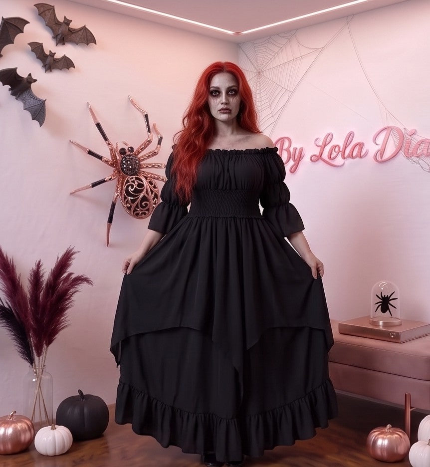Vestido medieval renacentista largo estilo victoriano con escote elástico de hombros descubiertos, torso tipo nido de abeja ajustado, mangas acampanadas con volantes y falda escalonada con vuelo, disponible en 9 colores: negro, blanco, verde oliva, vino tinto burdeos, azul marino, azul rey, marrón chocolate, naranja calabaza y beige albaricoque.