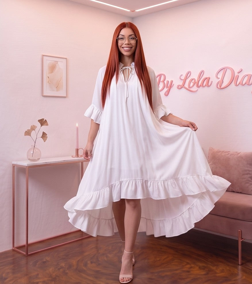 Detalle del dobladillo, costuras y acabado de Vestido midi holgado para mujer en colores liso negro, blanco, fucsia, verde esmeralda y rojo anaranjado, con escote redondo fruncido ajustable con lazo, mangas al codo acampanadas y falda fluida con doble volante en el bajo