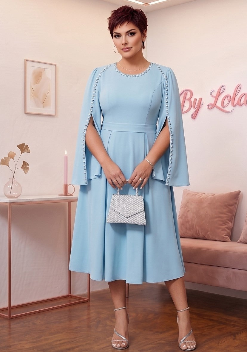 Vestido midi de fiesta y cóctel de corte evasé con cuello redondo adornado con pedrería brillante, cinturón a juego y mangas largas estilo capa con abertura lateral. Disponible en tallas grandes (L a 4XL)