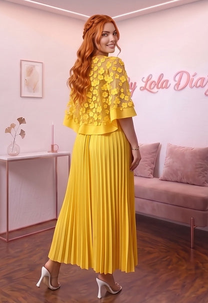 Vestido midi de fiesta y business casual para mujer en tallas grandes (0XL a 4XL) confeccionado en poliéster con falda larga plisada, cuello redondo y capa superior semitransparente con apliques florales 3D, disponible en tonos burdeos, verde esmeralda, negro clásico, amarillo vibrante y azul marino.