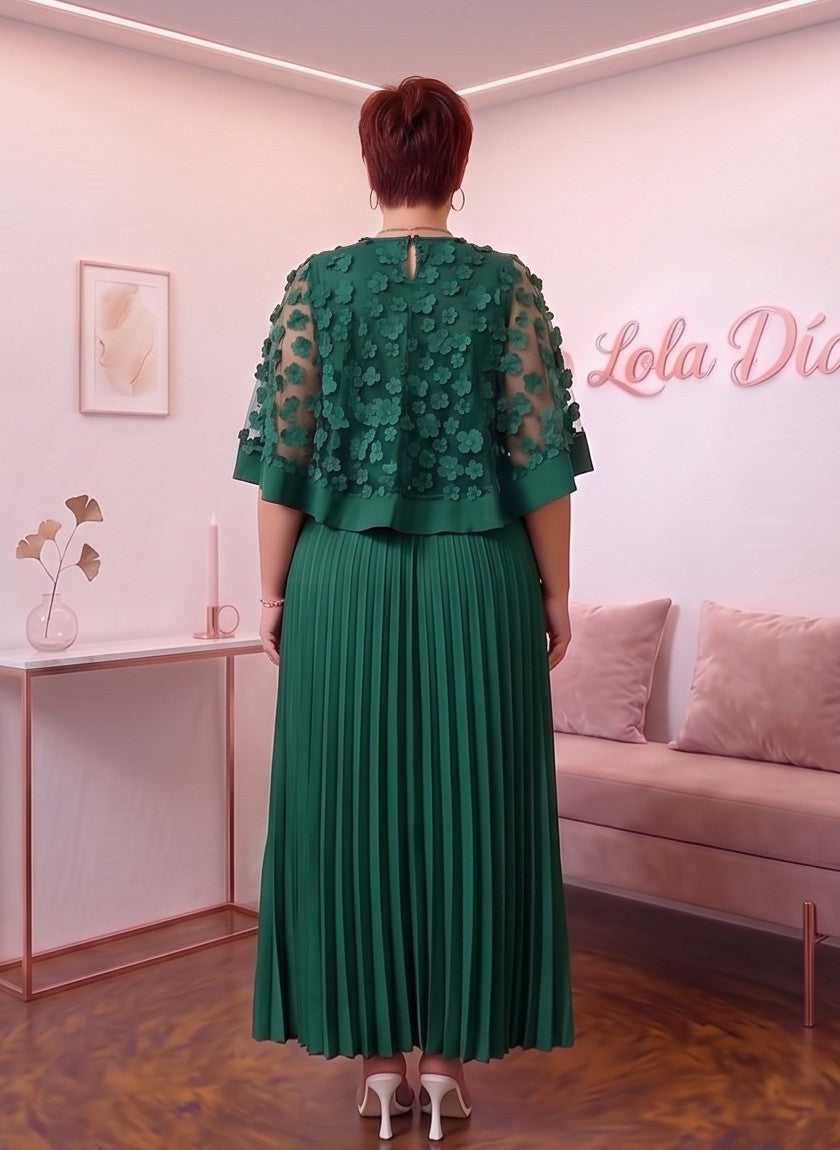 Vestido midi de fiesta y business casual para mujer en tallas grandes (0XL a 4XL) confeccionado en poliéster con falda larga plisada, cuello redondo y capa superior semitransparente con apliques florales 3D, disponible en tonos burdeos, verde esmeralda, negro clásico, amarillo vibrante y azul marino.