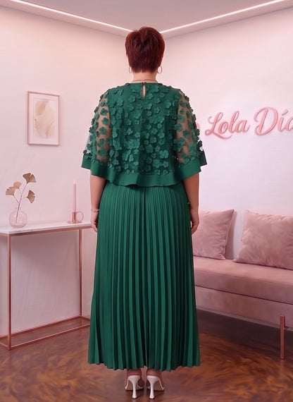 Vestido midi de fiesta y business casual para mujer en tallas grandes (0XL a 4XL) confeccionado en poliéster con falda larga plisada, cuello redondo y capa superior semitransparente con apliques florales 3D, disponible en tonos burdeos, verde esmeralda, negro clásico, amarillo vibrante y azul marino.
