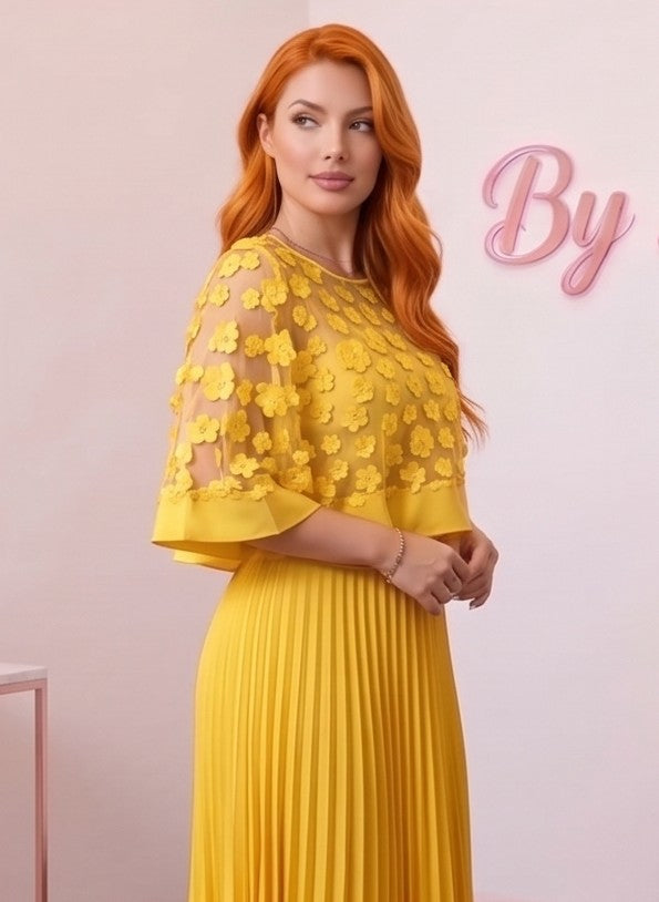 Vestido midi de fiesta y business casual para mujer en tallas grandes (0XL a 4XL) confeccionado en poliéster con falda larga plisada, cuello redondo y capa superior semitransparente con apliques florales 3D, disponible en tonos burdeos, verde esmeralda, negro clásico, amarillo vibrante y azul marino.