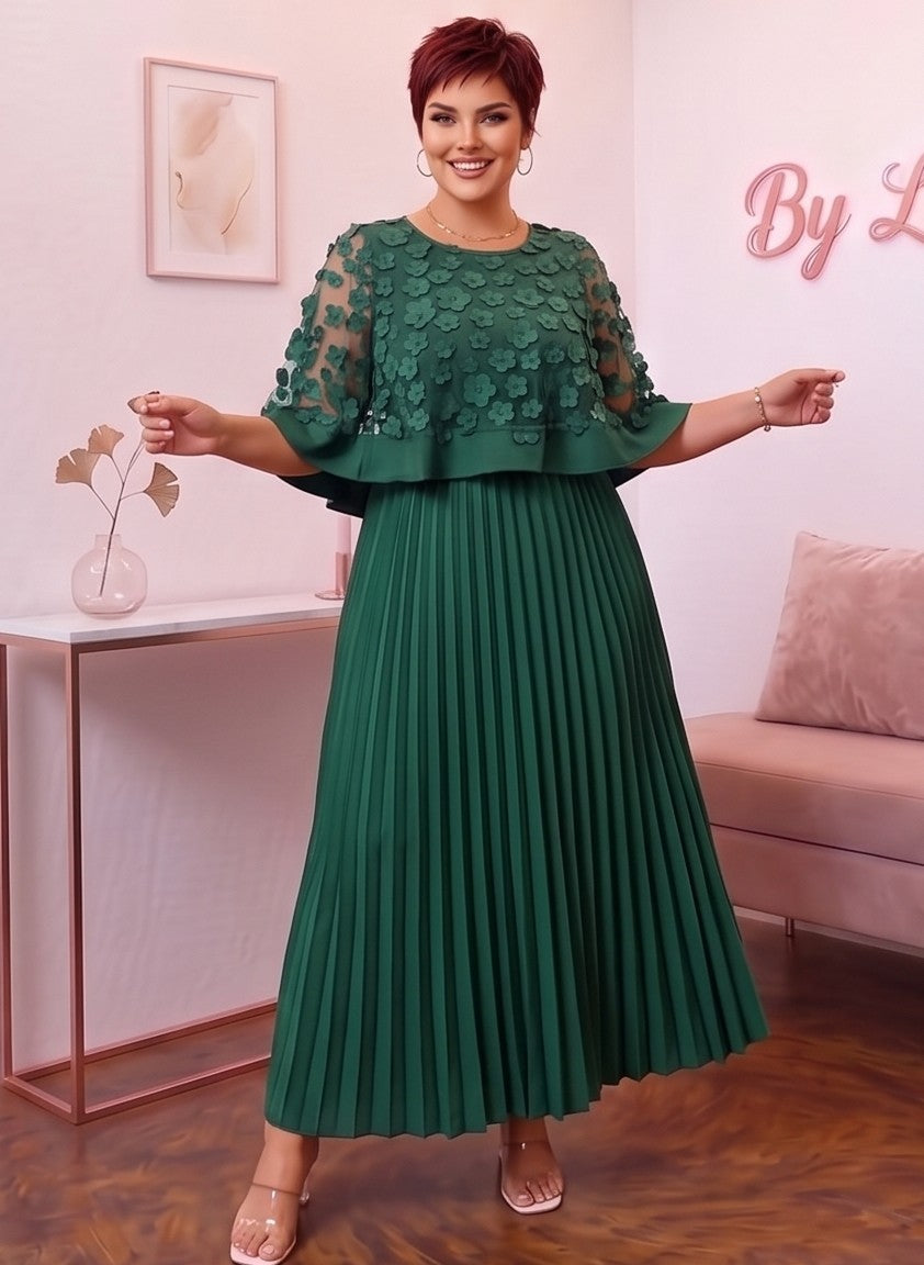 Vestido midi de fiesta y business casual para mujer en tallas grandes (0XL a 4XL) confeccionado en poliéster con falda larga plisada, cuello redondo y capa superior semitransparente con apliques florales 3D, disponible en tonos burdeos, verde esmeralda, negro clásico, amarillo vibrante y azul marino.