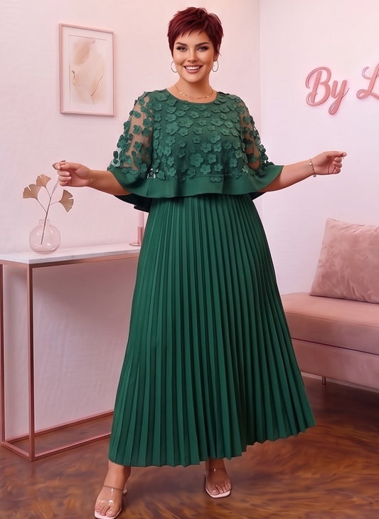 Vestido midi de fiesta y business casual para mujer en tallas grandes (0XL a 4XL) confeccionado en poliéster con falda larga plisada, cuello redondo y capa superior semitransparente con apliques florales 3D, disponible en tonos burdeos, verde esmeralda, negro clásico, amarillo vibrante y azul marino.